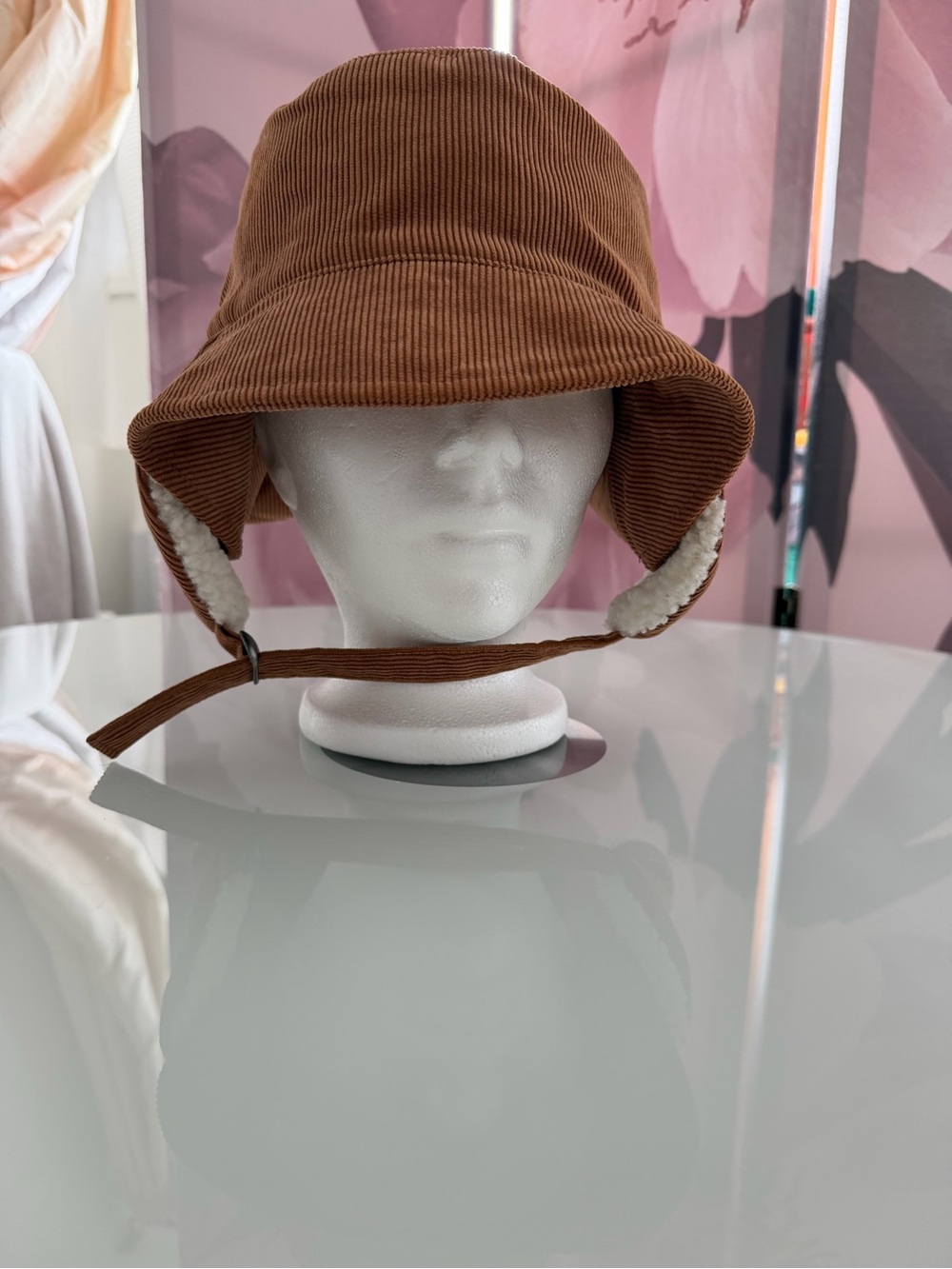 Fleece Lined Brown Corduroy Bucket Hat with Chin Strap